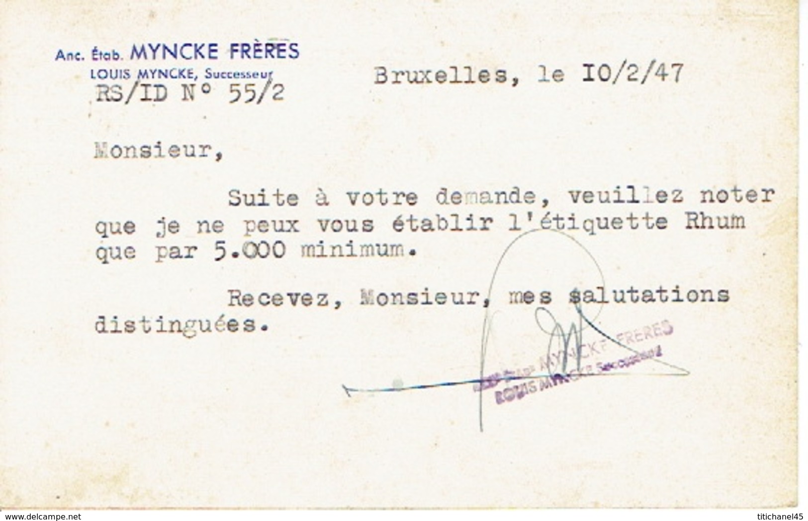 711 Op PK Met Firmaperforatie (perfin) "MF" Van MYNCKE FRERES" Met Stempel BRUSSEL 1947 - 1934-51