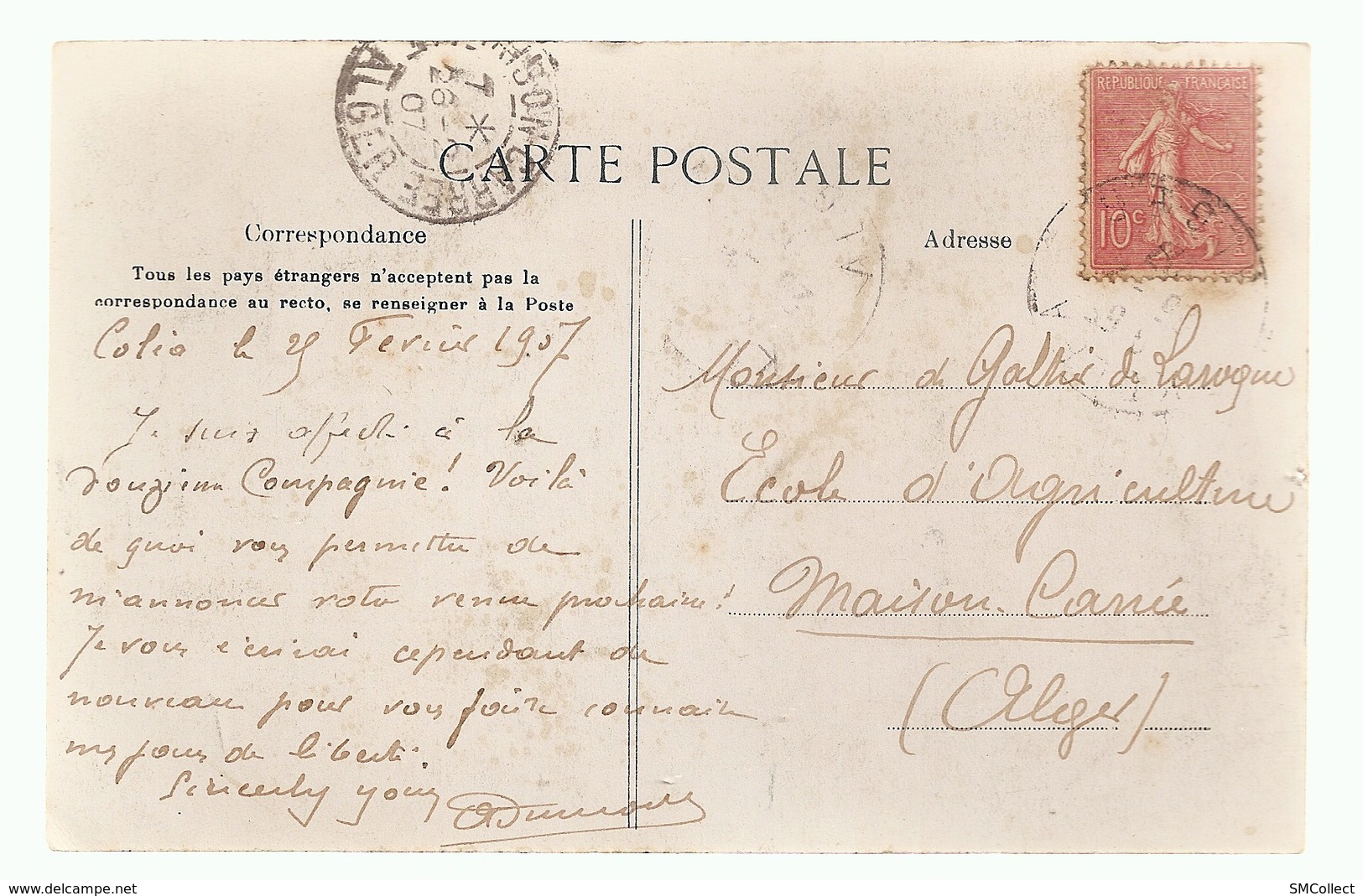 Algérie / Alger. Cachet Maison Carrée Du 26 Février 1907 (A4p55) - Andere & Zonder Classificatie