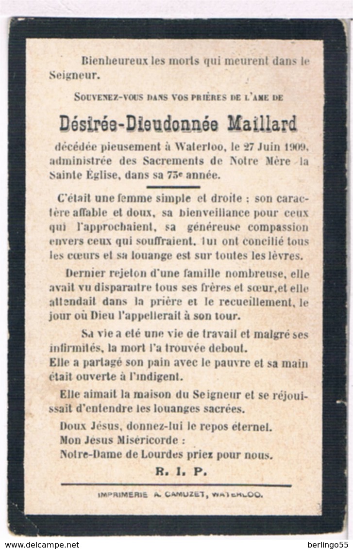 Souvenez: Maillard Désirée. ° Waterloo 1836 &dagger; Waterloo 1909  (2 Scan's) - Religion & Esotericism