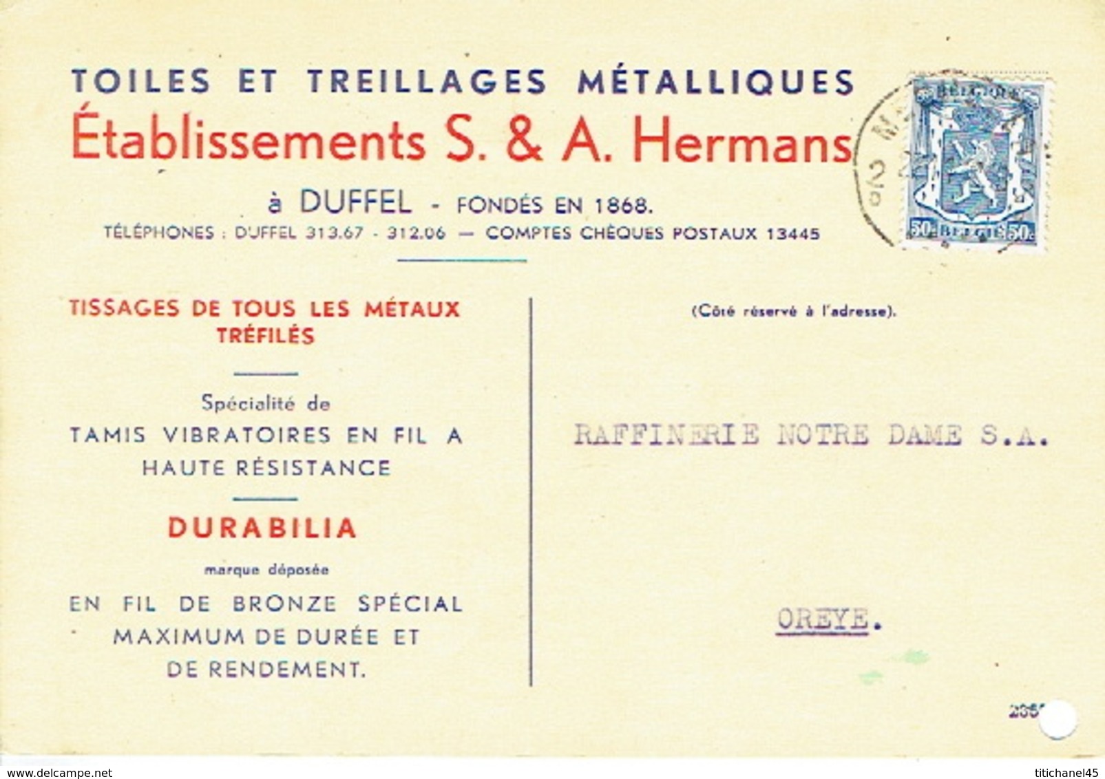 PK Publicitaire DUFFEL 1942 - Etablissements S. & A. HERMANS - Toiles & Treillages Métalliques - Duffel
