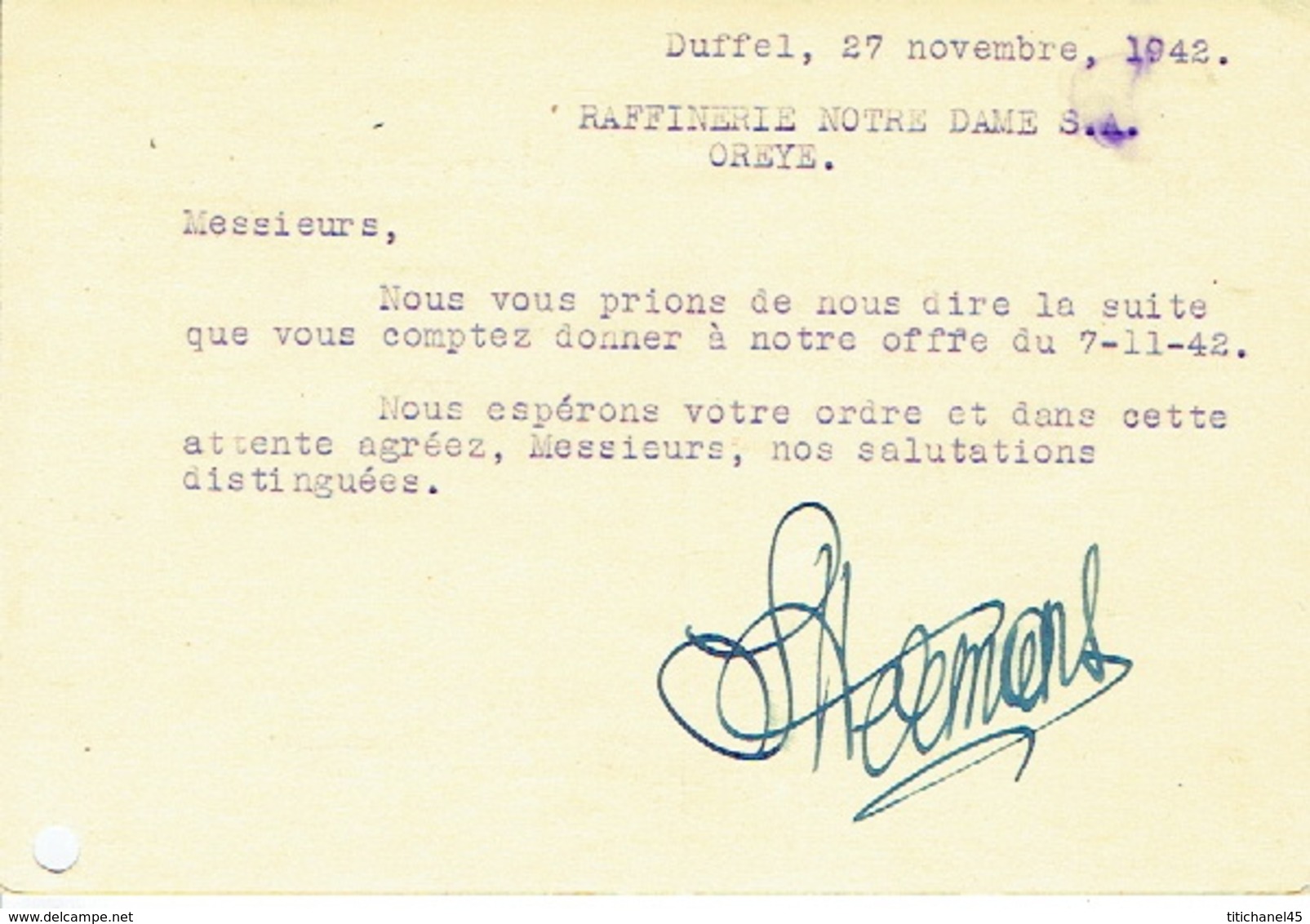 PK Publicitaire DUFFEL 1942 - Etablissements S. & A. HERMANS - Toiles & Treillages Métalliques - Duffel