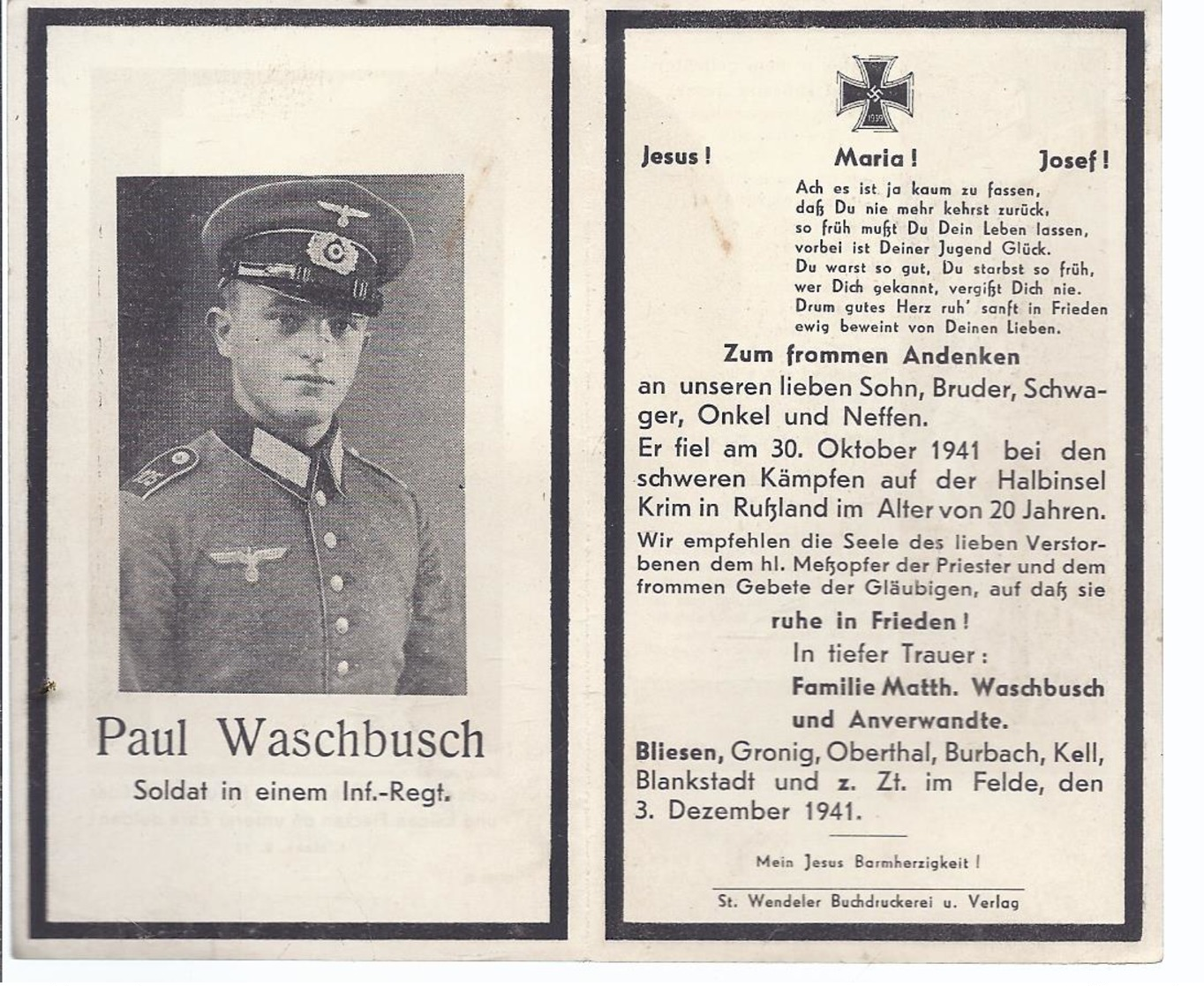 Bliesen - Saar - Sterbebild - Infanterist Paul Waschbusch - Gefallen 1941  20 Jahre , Auf Der Krim   -  AK - 10645 - Dokumente