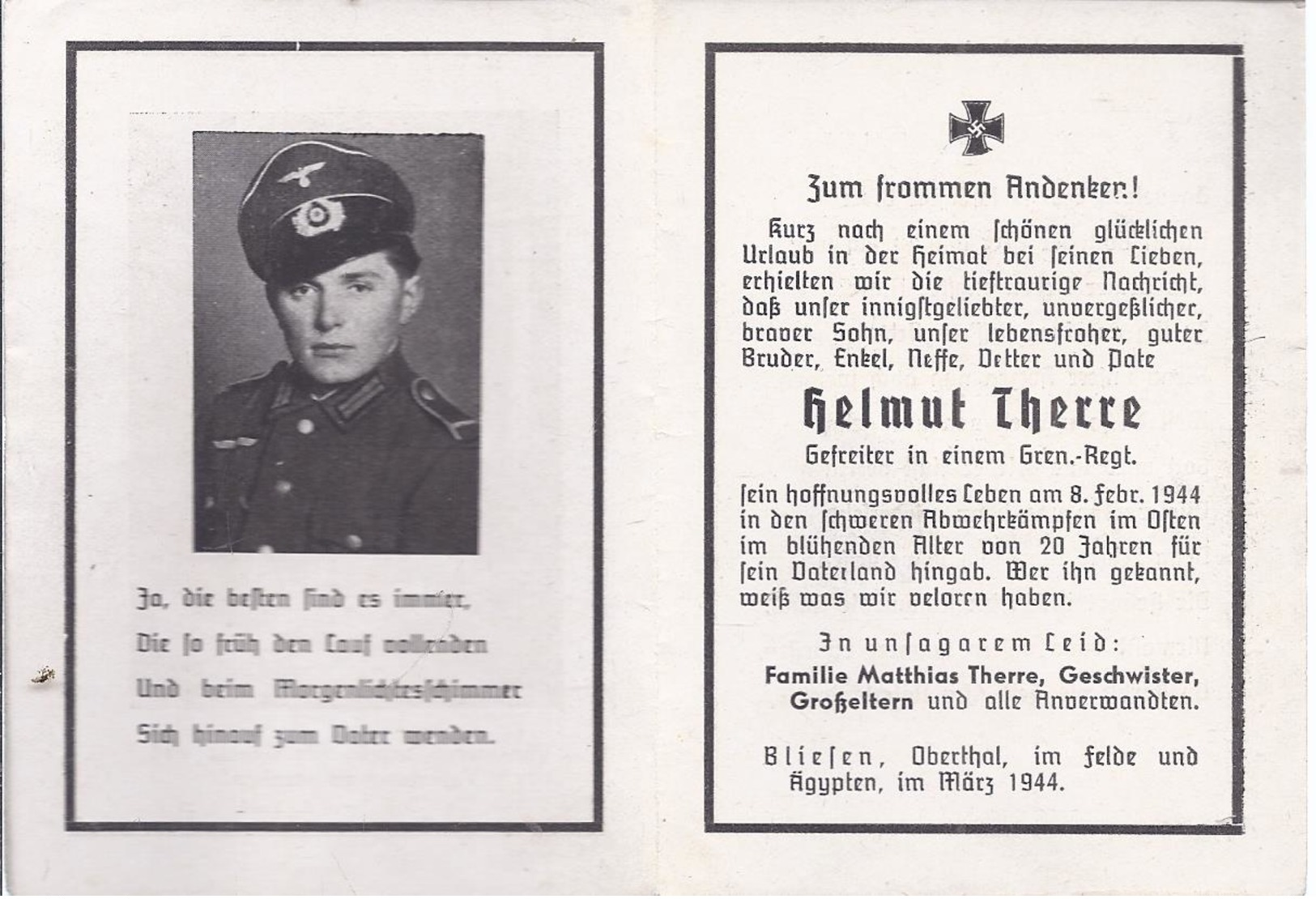 Bliese - Saar - Sterbebild Gefr.  Grenadier  Helmut Therre Gef. 1944  20 Jahre   -  AK - 10651 - Dokumente