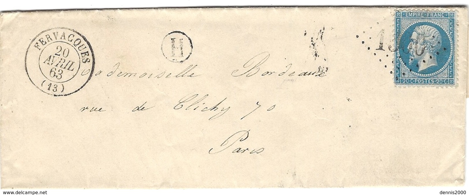 1863- Lettre De FERVACQUES ( Calvados ) Cad T15 Affr N°22 Oblit. G C  1500  + H Boite Rurale N I - 1849-1876: Classic Period