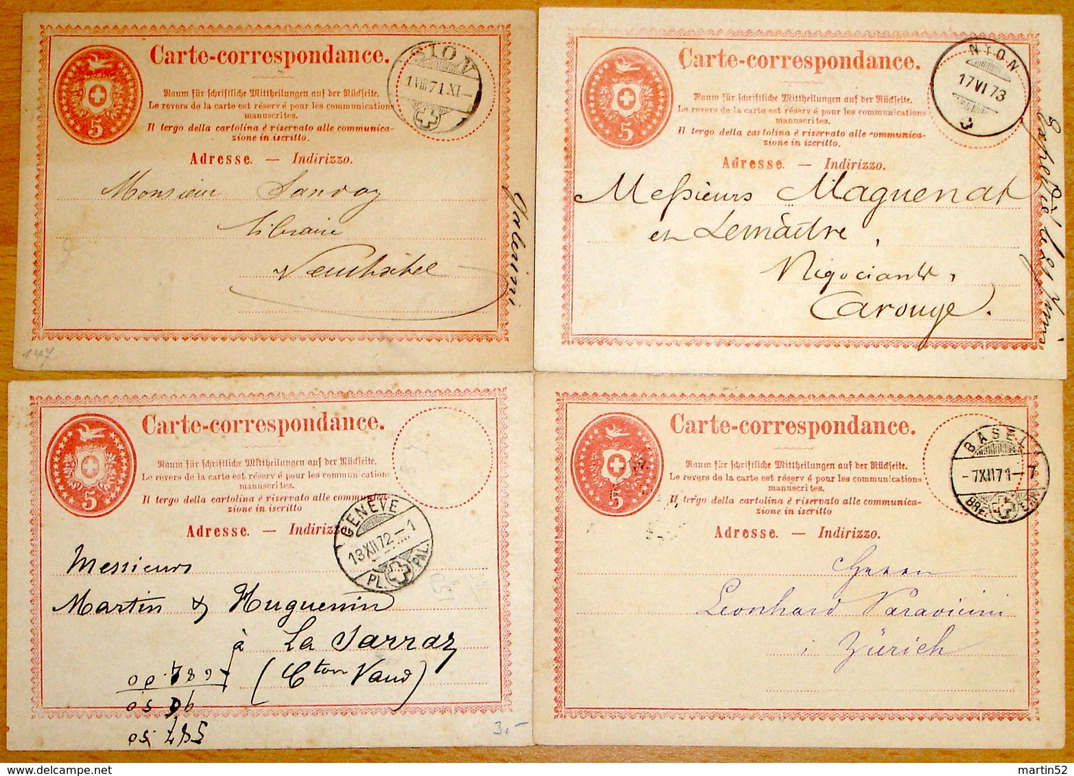 Schweiz Suisse 1870/73: 4 X Carte Correspondance Tübli Rot 5c Colombe Rouge Mit Stempel Von BASEL - GENÈVE - NYON - SION - Entiers Postaux