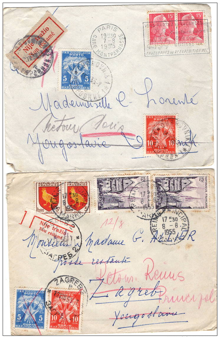 Lettre Sans Corres, 2 Piéces, Paris Et Reims Pour Yougoslavie, Zagreb RETOUR Voir Scans - 1921-1960: Période Moderne