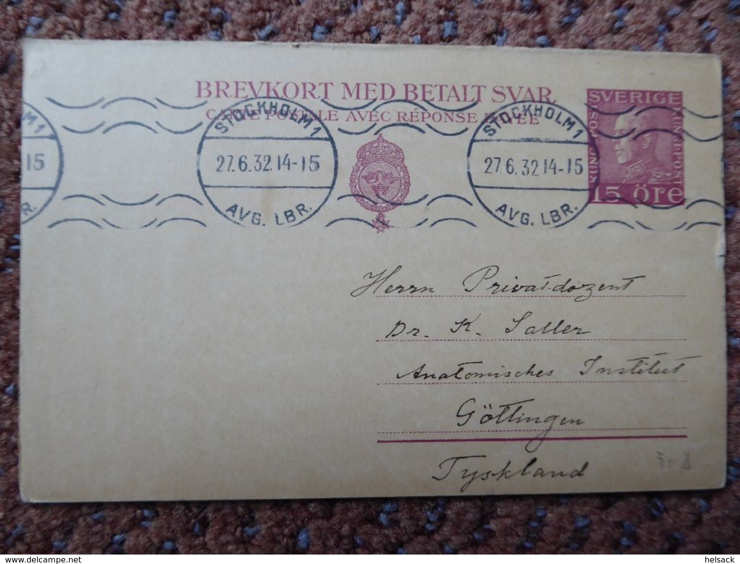 Schweden Sweden Ganzsache Stationery  Doppel-GS-Karte 15/15 O 1932 - Postal Stationery