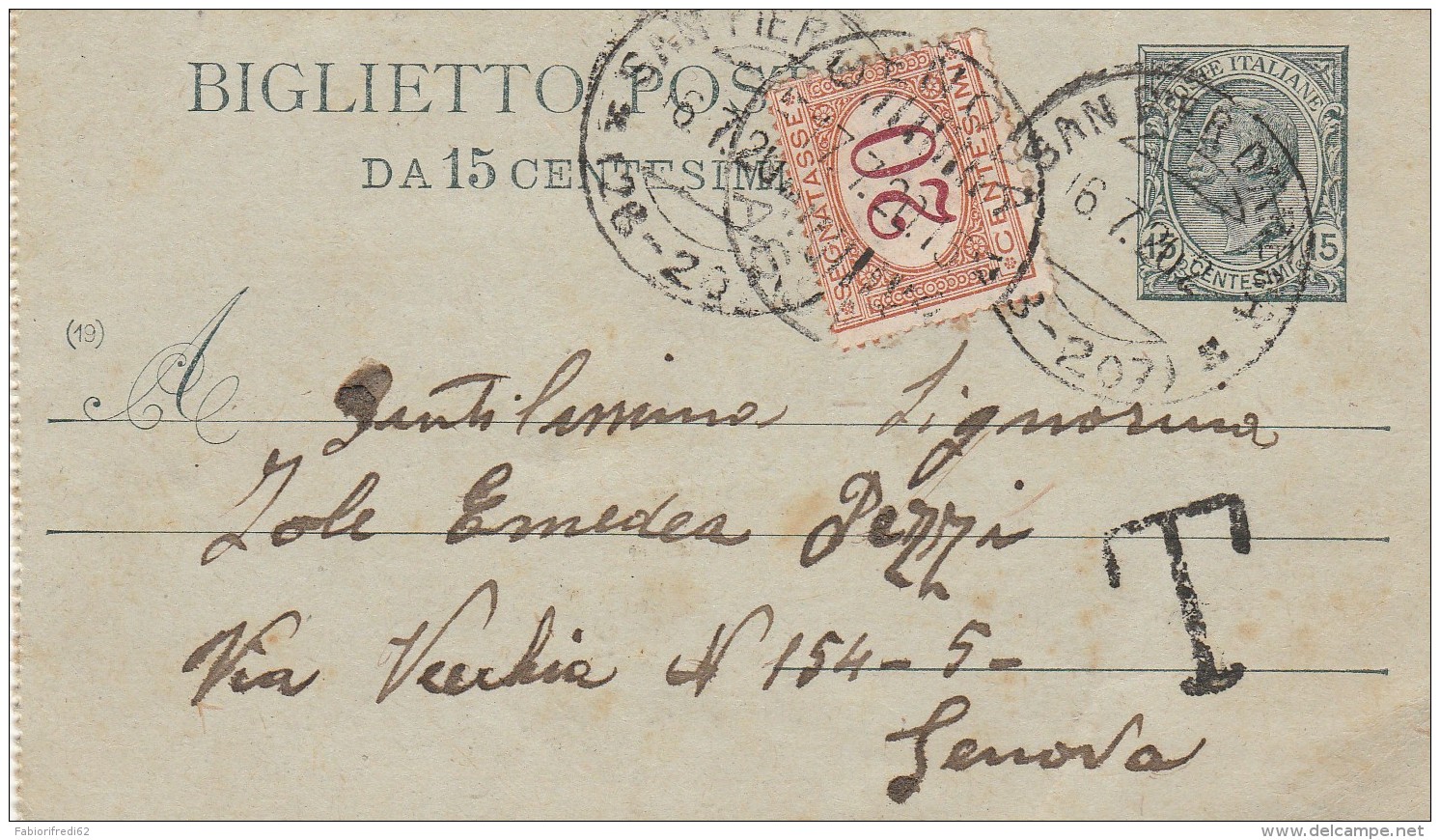 INTERO POSTALE 15 CENT.  1920 CON SEGNATASSE CENT.20 TIMPRO SAN PIER D'ARENA (Z2016 - Stamped Stationery