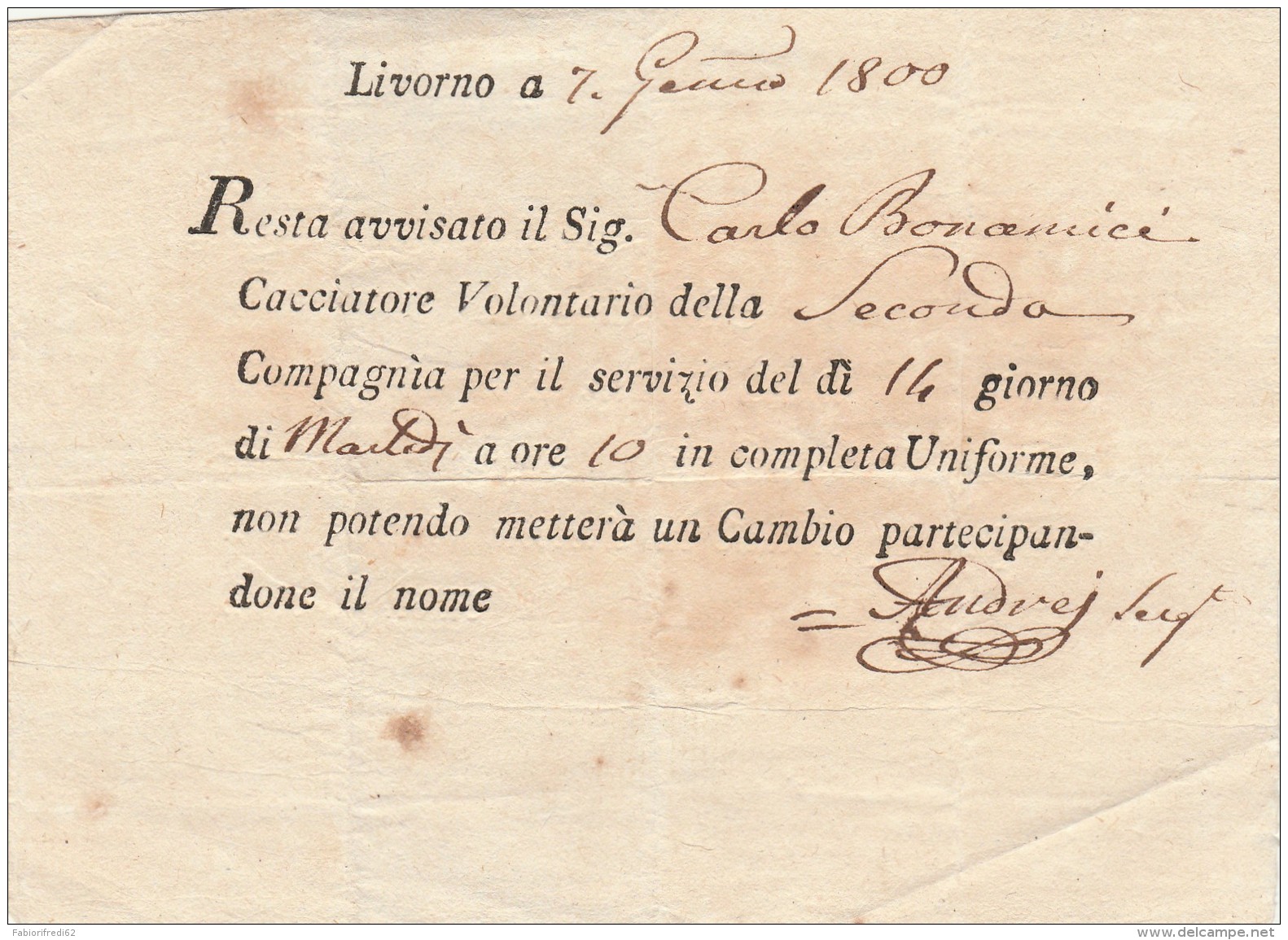 AVVISO 1800 LIVORNO - CACCIATORE VOLONTARIO (Z2121 - Documentos Históricos