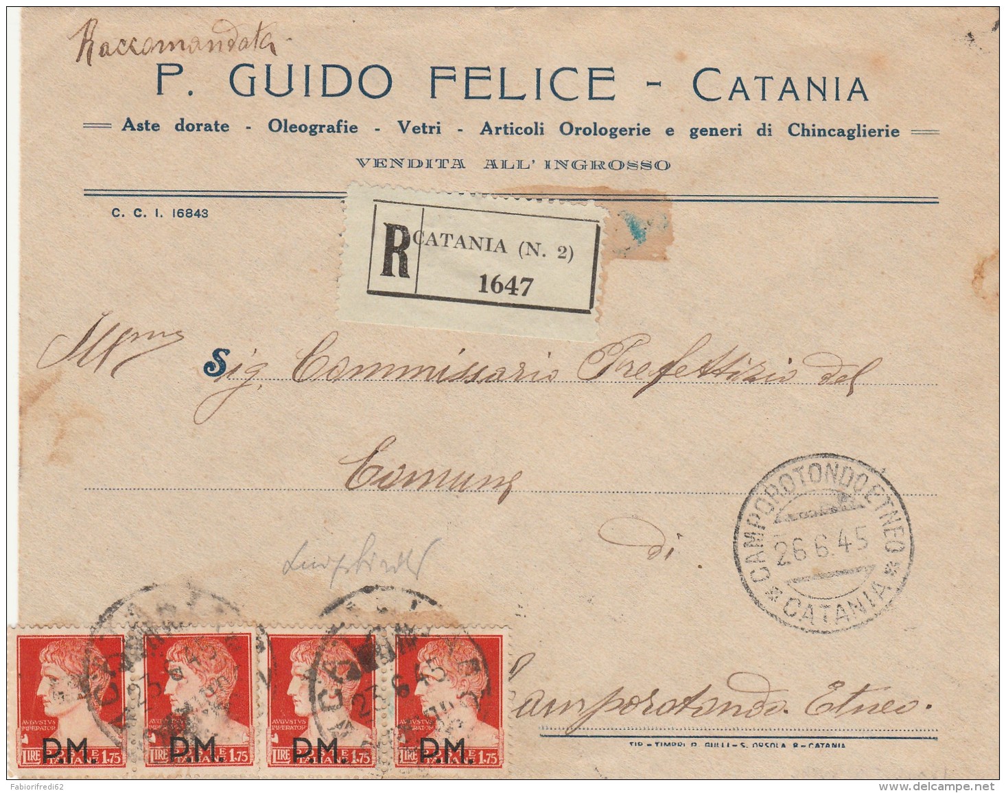 RACCOMANDATA 1945 CON 4X1,75 SS P.M. TIMBRO CAMPO ROTONDO ETNEO-CATANIA (Z2132 - Poste Militaire (PM)