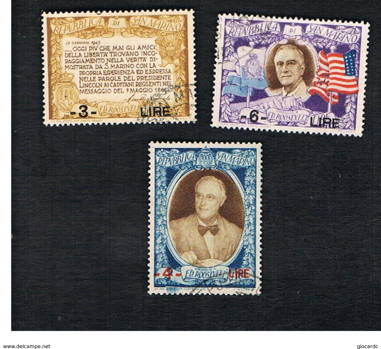 SAN MARINO - UNIF. 307.309 - 1947 PRESIDENTE U.S.A. F.D. ROOSEVELT (COMPLET SET OF 3 OVERPRINTED) -  USATI (USED°) - Used Stamps