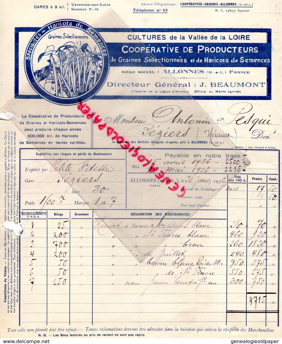 49- ALLONNES- RARE FACTURE COOP COOPERATIVE PRODUCTEURS GRAINES-HARICOTS-HORTICULTURE- J. BEAUMONT-PESQUI BEZIERS-1936 - Landwirtschaft