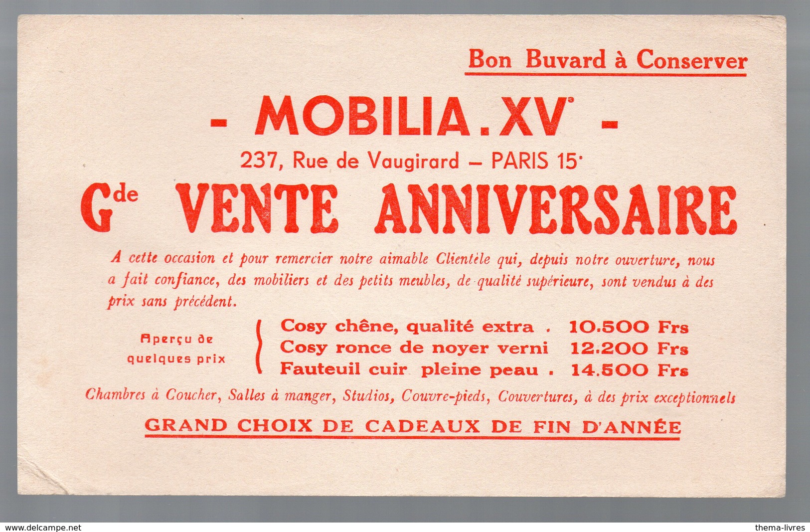 Paris Rue De Vaugirard : Buvard MOBILIA XVe VENTE ANNIVERSAIRE  (PPP9325) - M