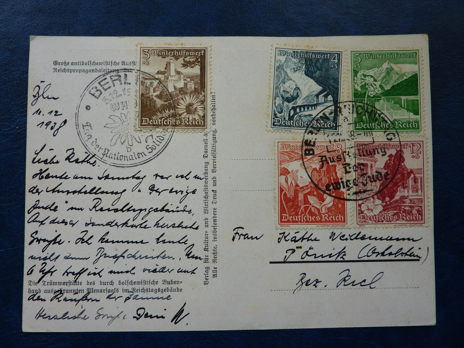 Postkarte Mit Sonderstempeln Berlin 1938: Ausstellung Der Ewige Jude Und Tag Der Nationalen Solidarität, Deutsches Reich - Briefe U. Dokumente