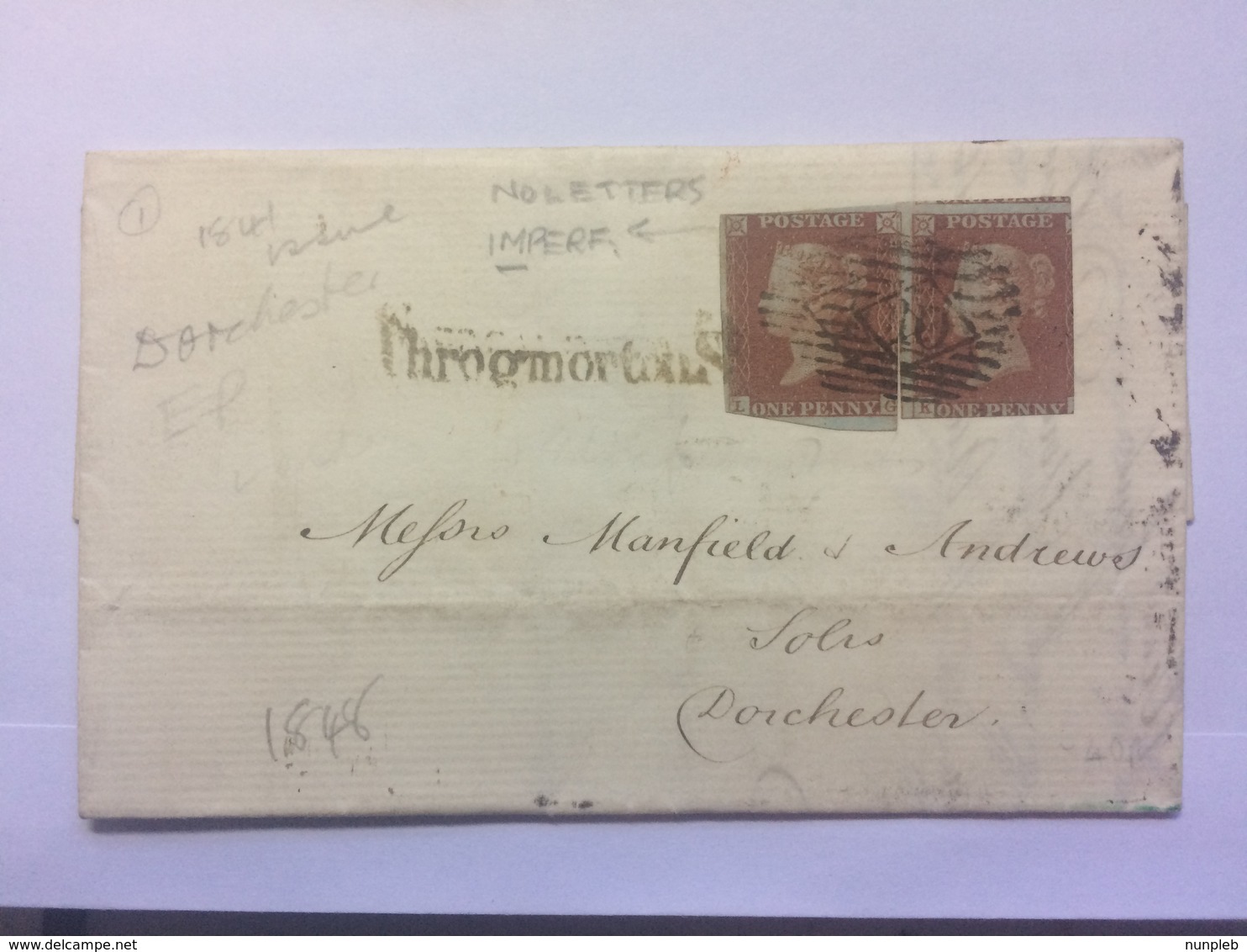 GB - VICTORIA 1d Red Imperf X 2 Entire 1848 - Throgmorton St. Mark To Dorchester - Covers & Documents