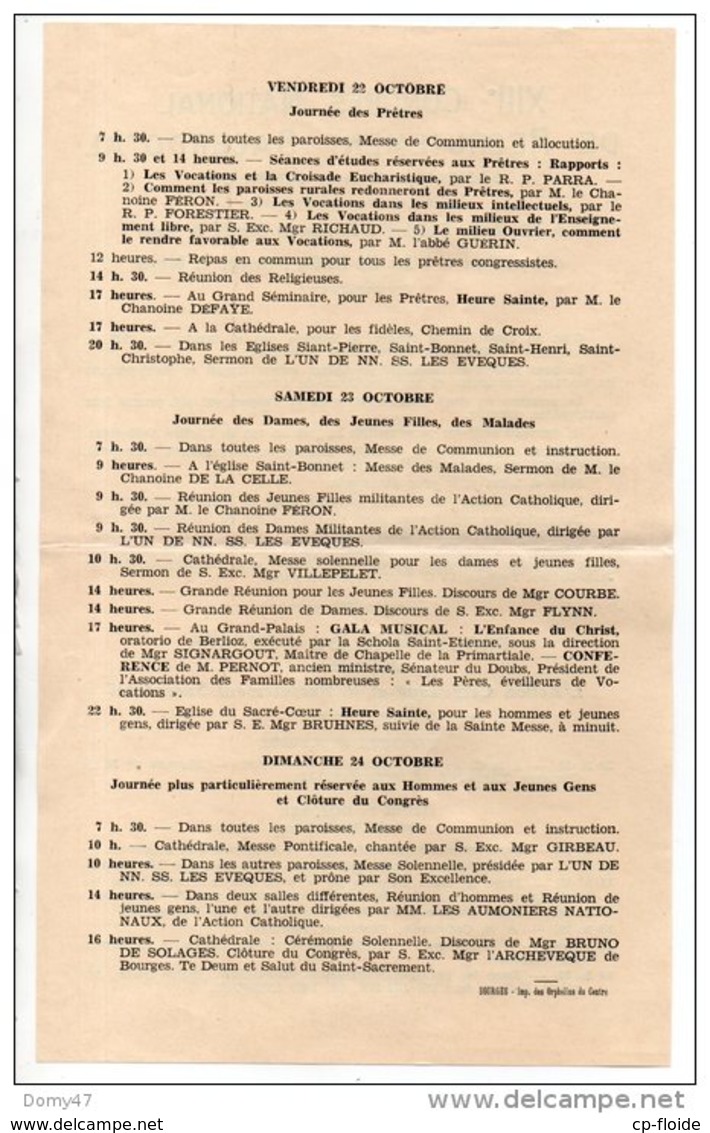 XIIIe CONGRÈS NATIONAL DE RECRUTEMENT SACERDOTAL . BOURGES OCTOBRE 1937 - Réf. N°7354 - - Religione & Esoterismo