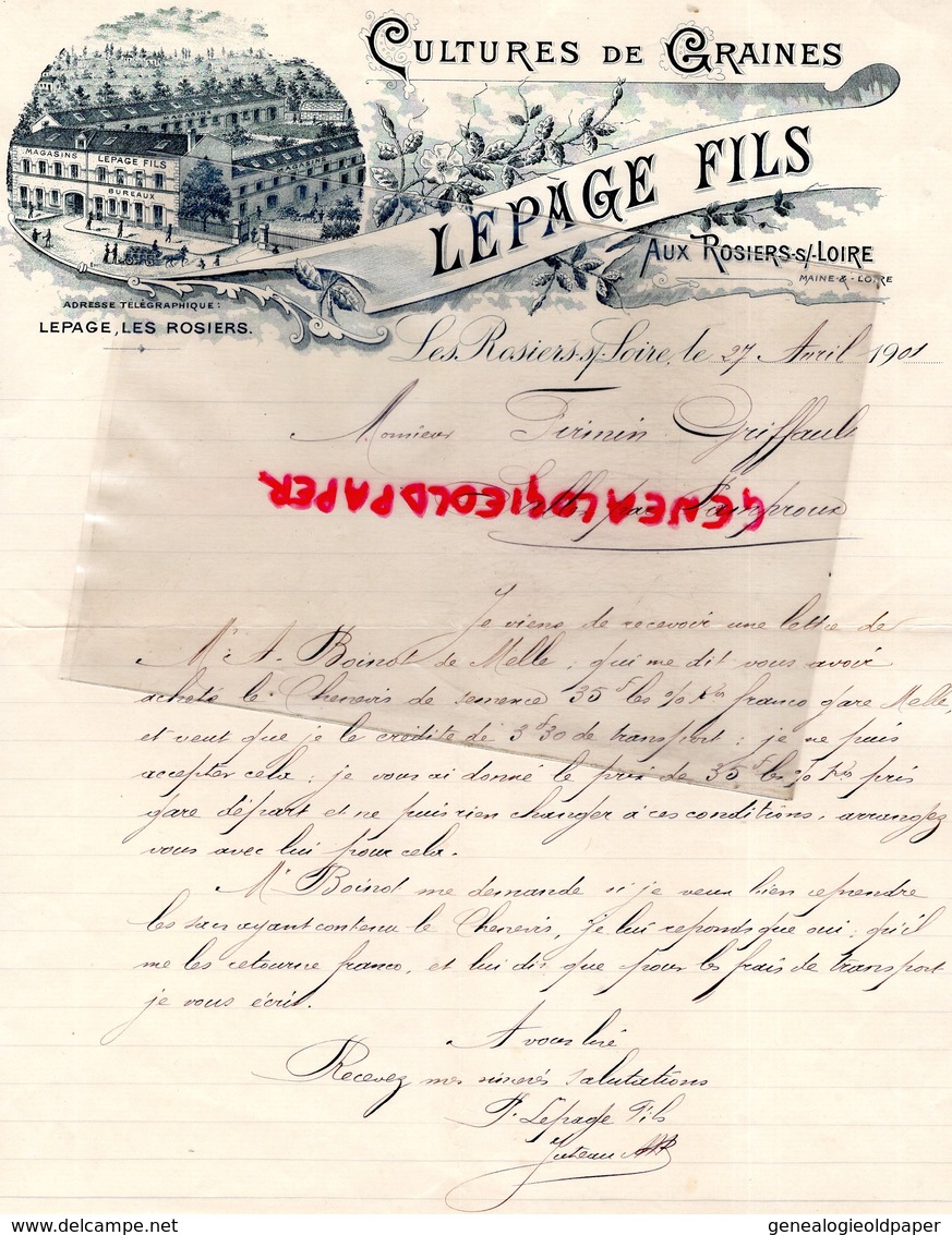 49- LES ROSIERS SUR LOIRE- RARE LETTRE MANUSCRITE SIGNEE LEPAGE FILS- CULTURES GRAINES- HORTICULTURE-HORTICULTEUR-1901 - Agriculture