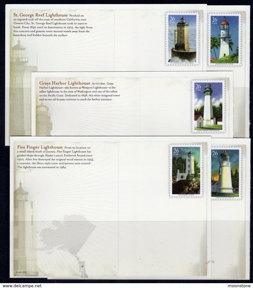 USA 2007 Pacific Lighthouses Set Of 5 Stationery Cards, SG 4717-21, Ref. 124 - Lighthouses