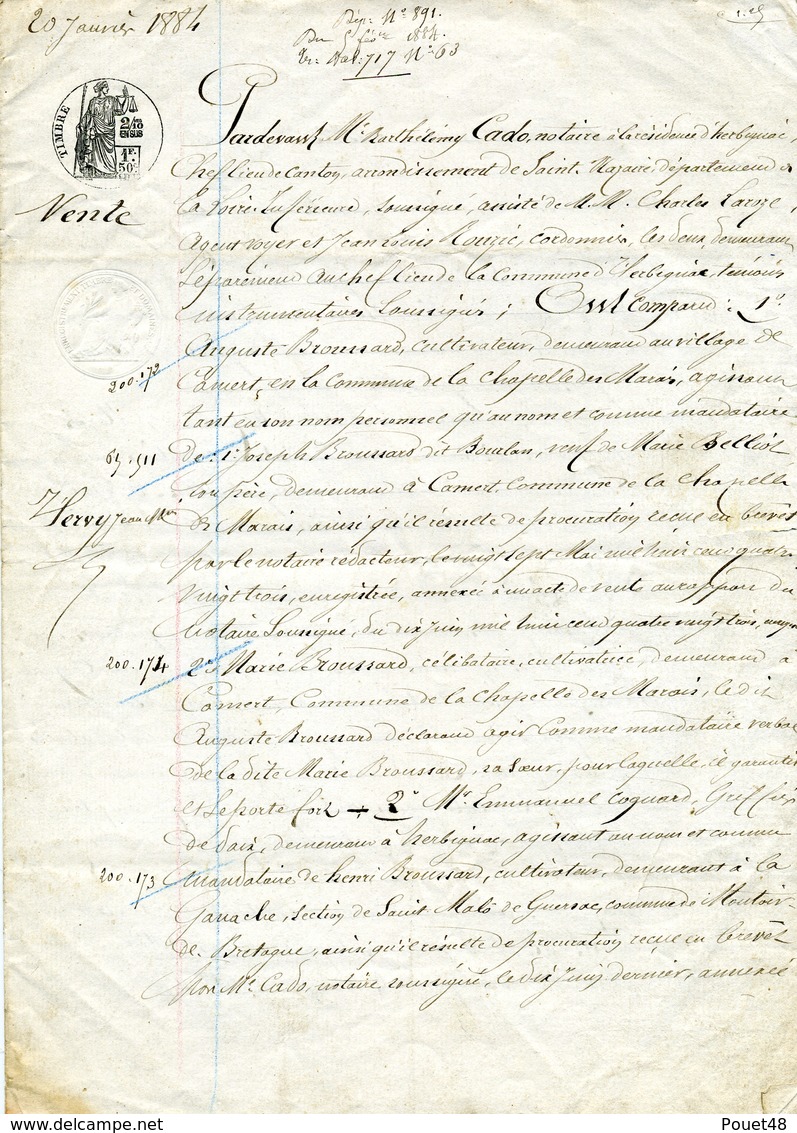 Pardenant Vente , Le 20 Janvier 1884, à CAMER: Notaire Impérial à HERBIGNAC. Timbre Fiscal: 1 F50c - Historical Documents