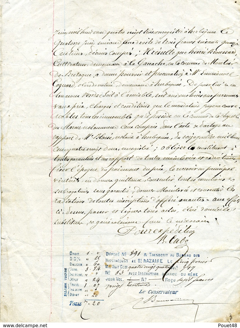 Pardenant Vente , Le 20 Janvier 1884, à CAMER: Notaire Impérial à HERBIGNAC. Timbre Fiscal: 1 F50c - Historical Documents