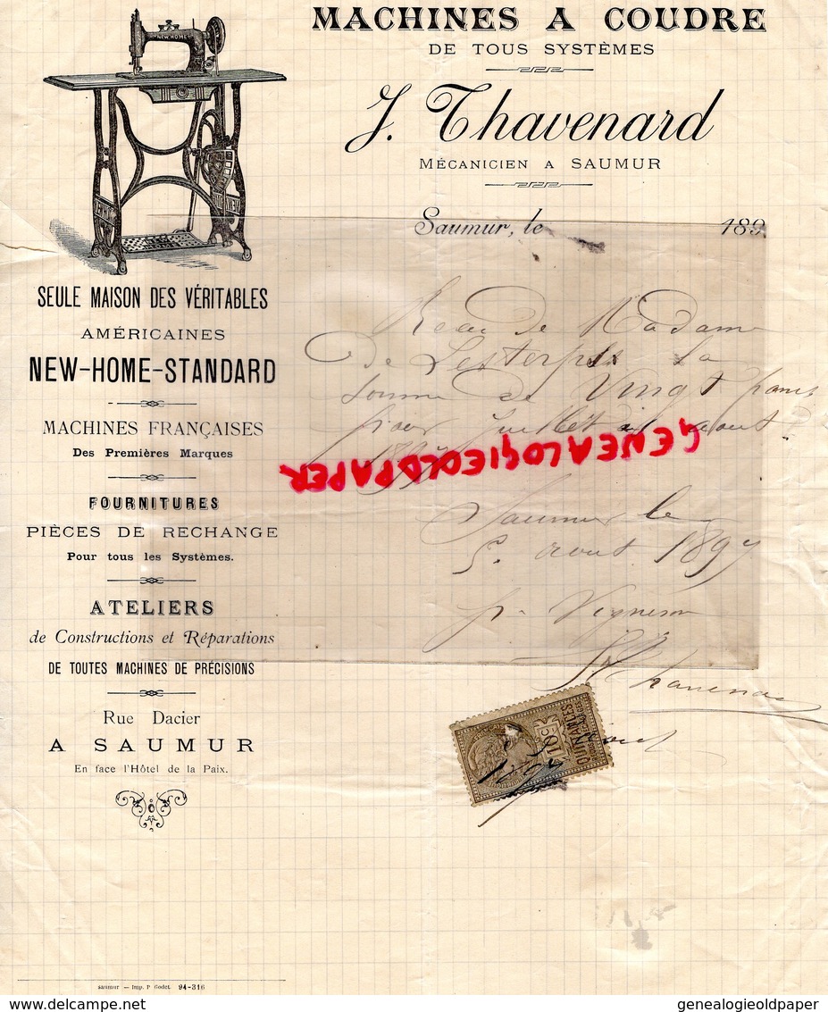 49- SAUMUR- RARE LETTRE MANUSCRITE SIGNEE J. THAVENARD-MACHINES A COUDRE NEW HOME STANDARD-RUE DACIER-1894 - 1800 – 1899