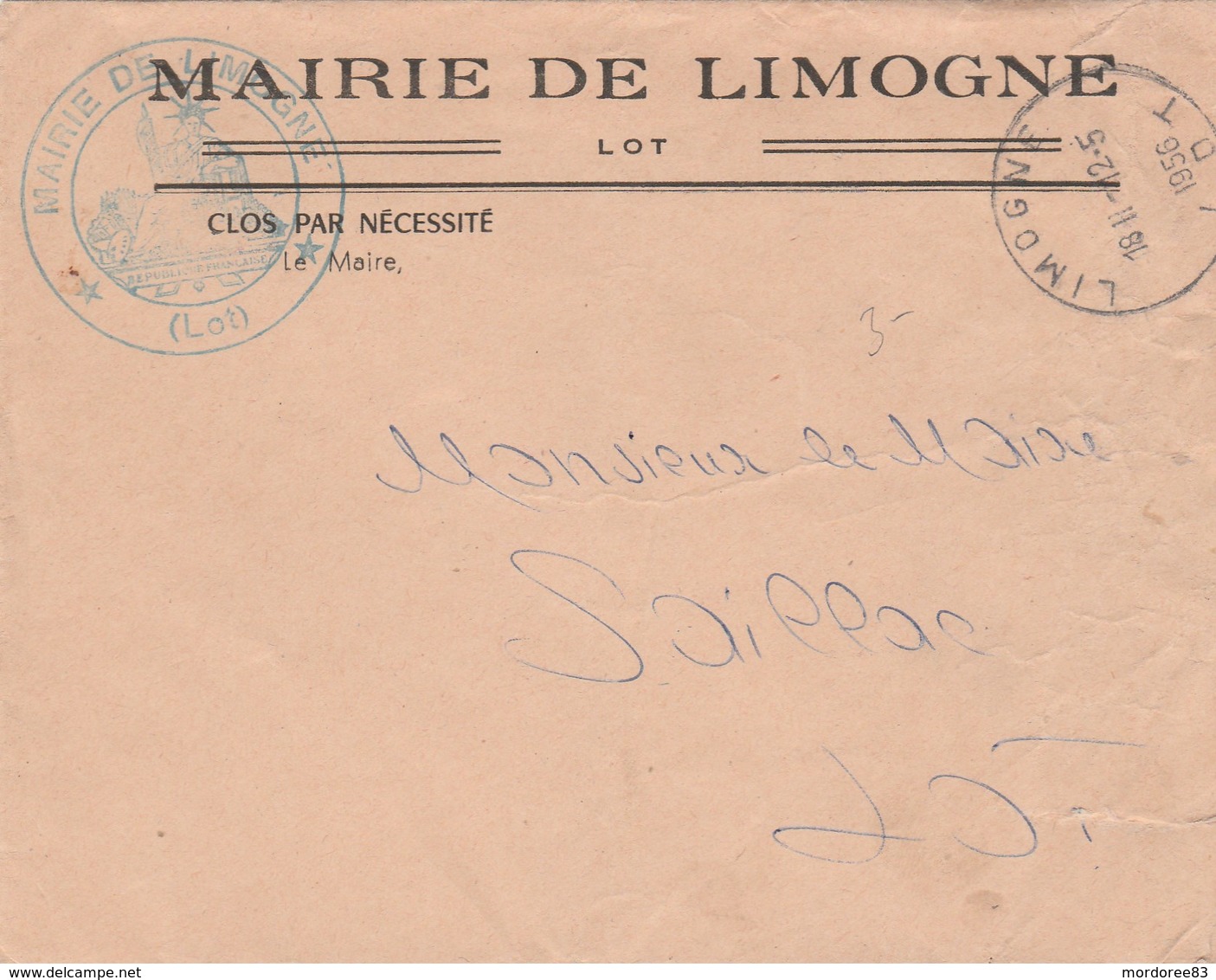 MAIRIE DE LIMOGNE LOT LETTRE EN FP 1956 POUR MR LE MAIRE SAILLAC - 1921-1960: Periodo Moderno