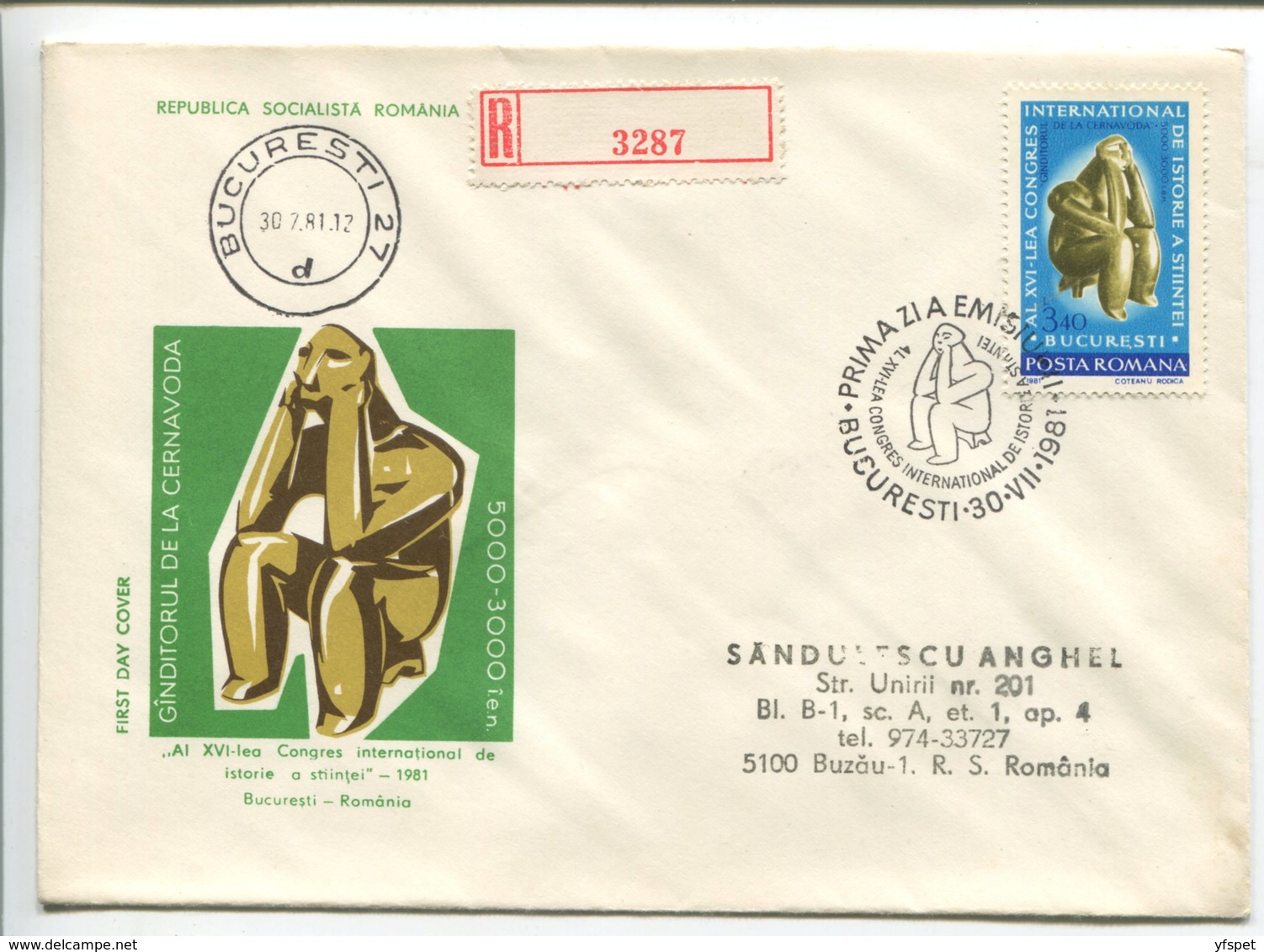 The Hamangia Thinker (16th Intnl. Congress On History), 1981 - Circulated FDC - FDC