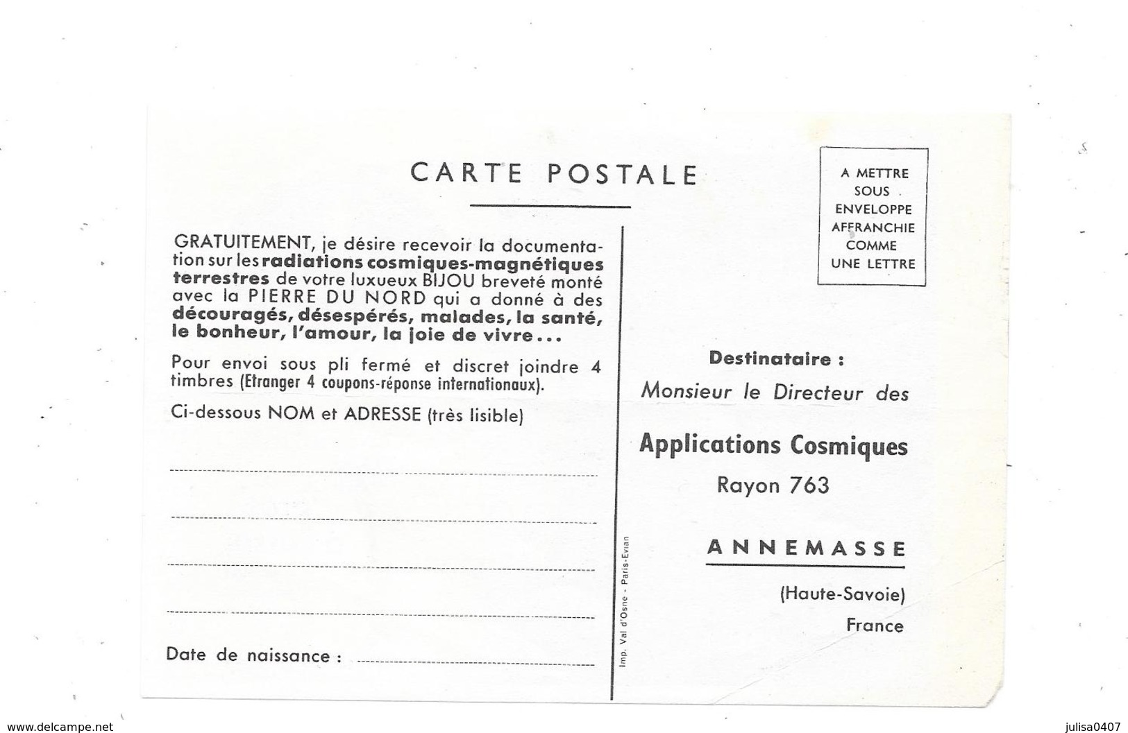ANNEMASSE (74) Cpsm Publicitaire Magnétisme La Pierre Magnétique Du Nord - Annemasse