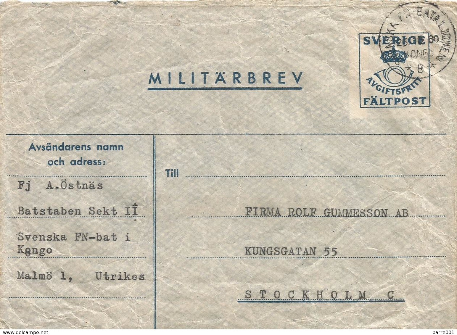Congo 1960 Sweden ONUC Military Postal History Cover - Autres & Non Classés