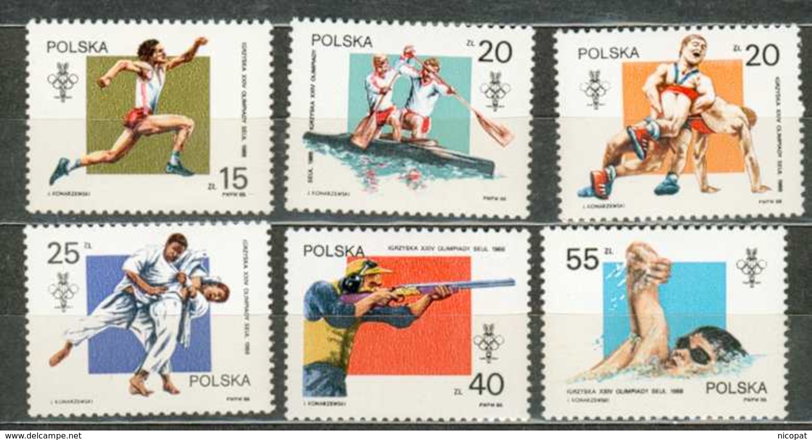 POLAND MNH ** 2956-2961 LUTTE. CANOE. JUDO. NATATION Sport Jeux Olympiques D'été à Séoul Corée Du Sud - Neufs