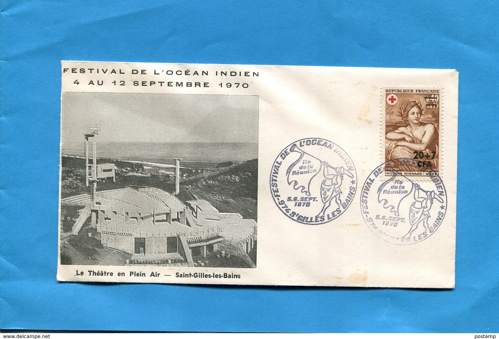 Marcophlie-Réunion-enveloppe-Illustrée-festival Océan Indien-cad-festival St Gilles Les Bains1970stamps-N°388 Roix Rouge - Lettres & Documents