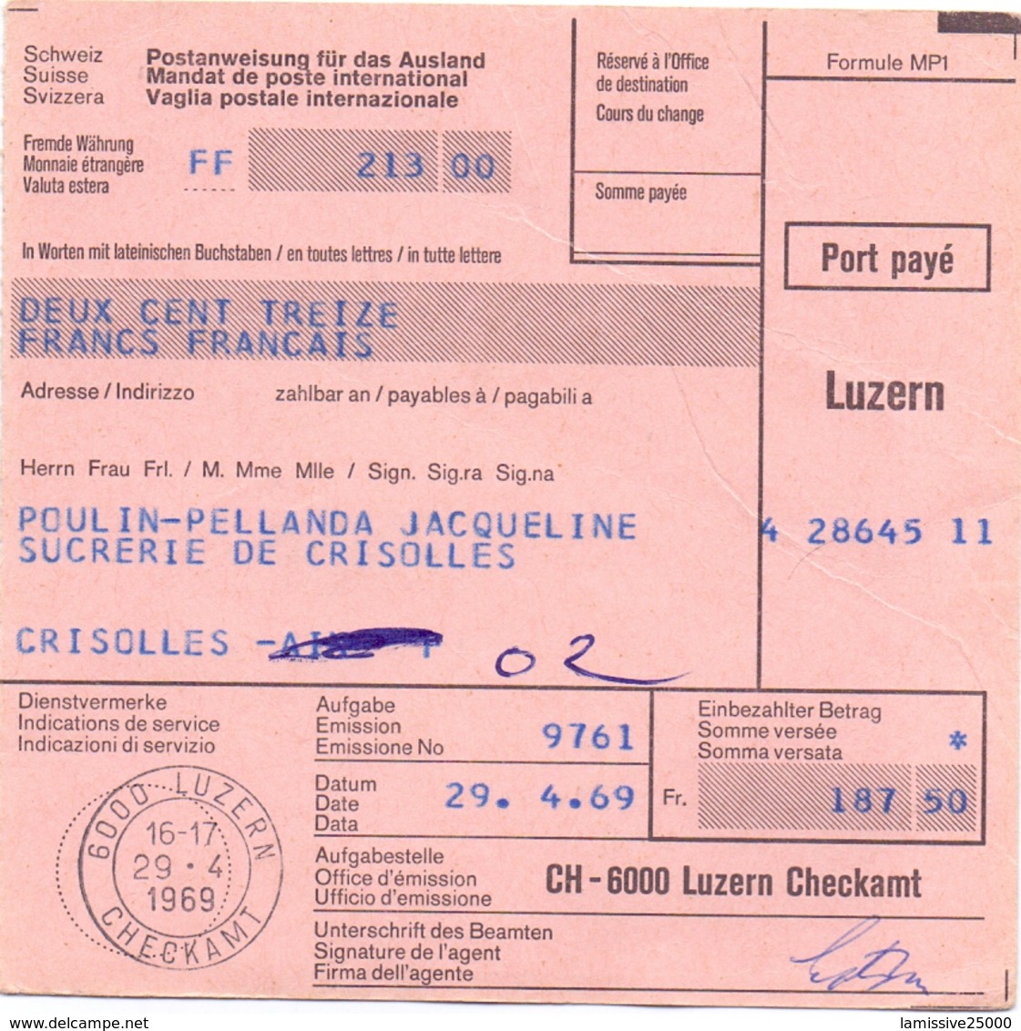 France Mandat Poste International  De Crisolles Oise Pour La Suisse Luzern Cathedrale De Rodez - Postal Rates