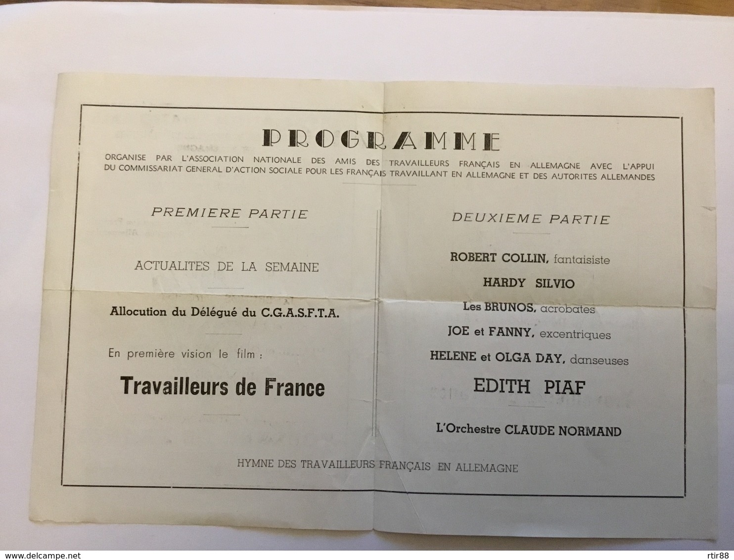 Document Association Des Amis Des Travailleurs En Allemagne Tournée Avec Edith Piaf - 1939-45