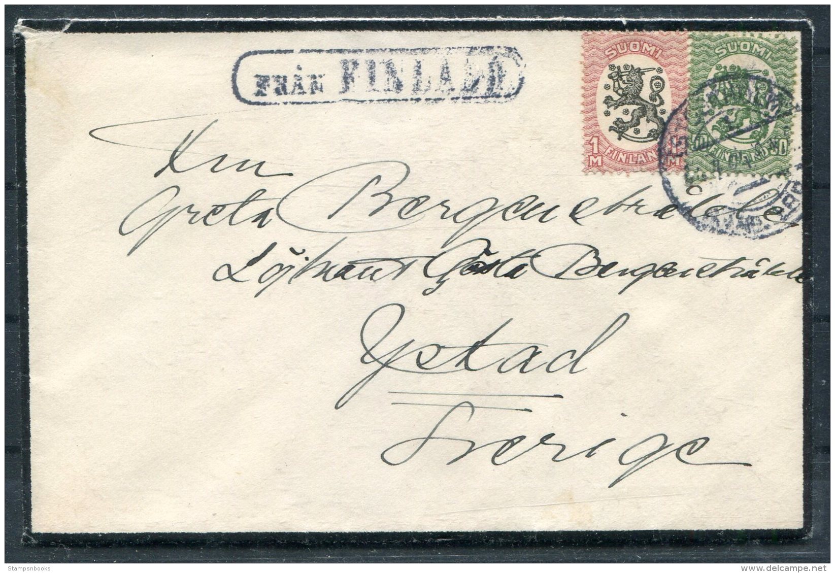 1924 Finland Mourning Cover- Ystad Sweden. 'Fran Finland' Paquebot, Stockholm - Covers & Documents