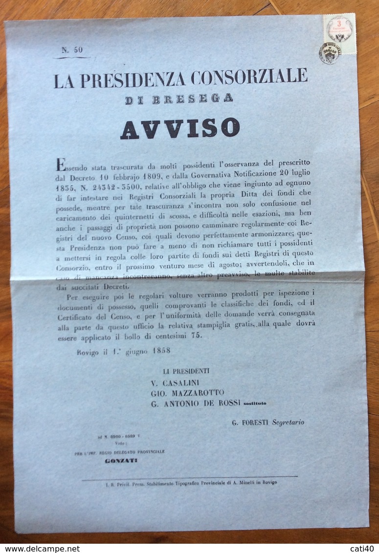 MARCA DA BOLLO 3 Centesimi Bollo Per Gli Annunci SU AVVISO LA PRESIDENZA CONSORZIALE DI BRESEGA 1/6/1858 BBB - Lombardo-Veneto