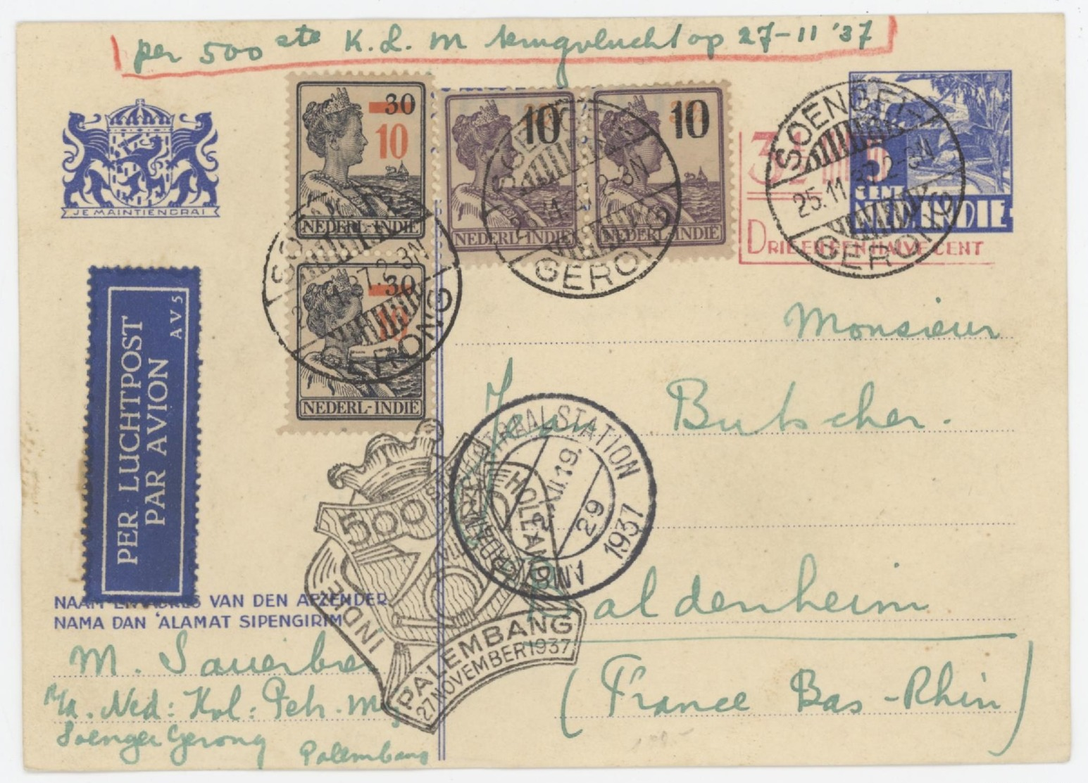 Entier Inde Néerlandaise Soengen Gerong Cachet Palemberg Vol KLM 27.11.1932 + Cachet Amsterdam Centraalstation - Nederlands-Indië