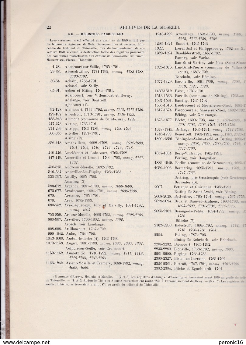 Rare ! Archives Départementales De La Moselle, Répertoire Numérique De La Série E, Metz, 1927 - Historical Documents