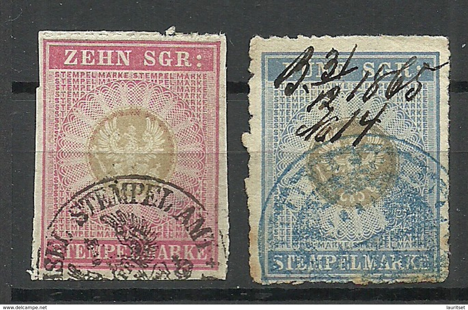 Deutschland Ca 1865 Preussen 2 Stempelmarken O - Sonstige & Ohne Zuordnung