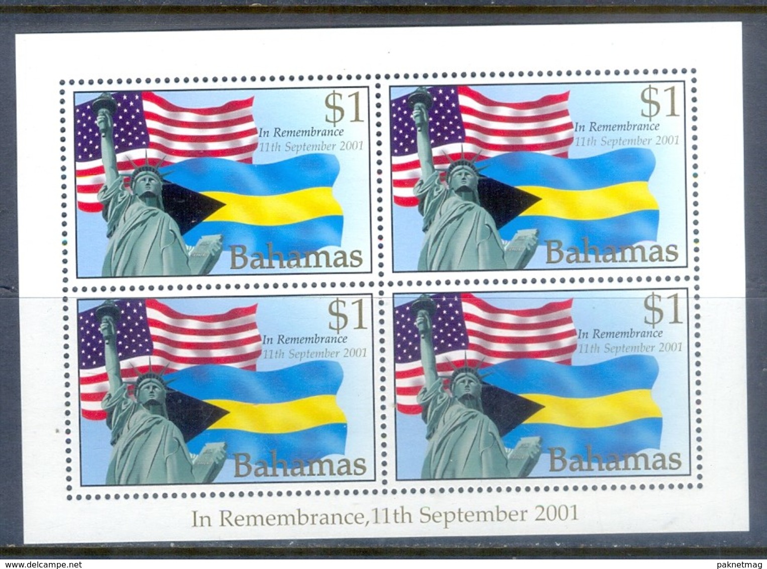 M100- Bahamas 2001. Remembrance 11th September 2001. Statue Of Liberty & USA Flag. - Francobolli