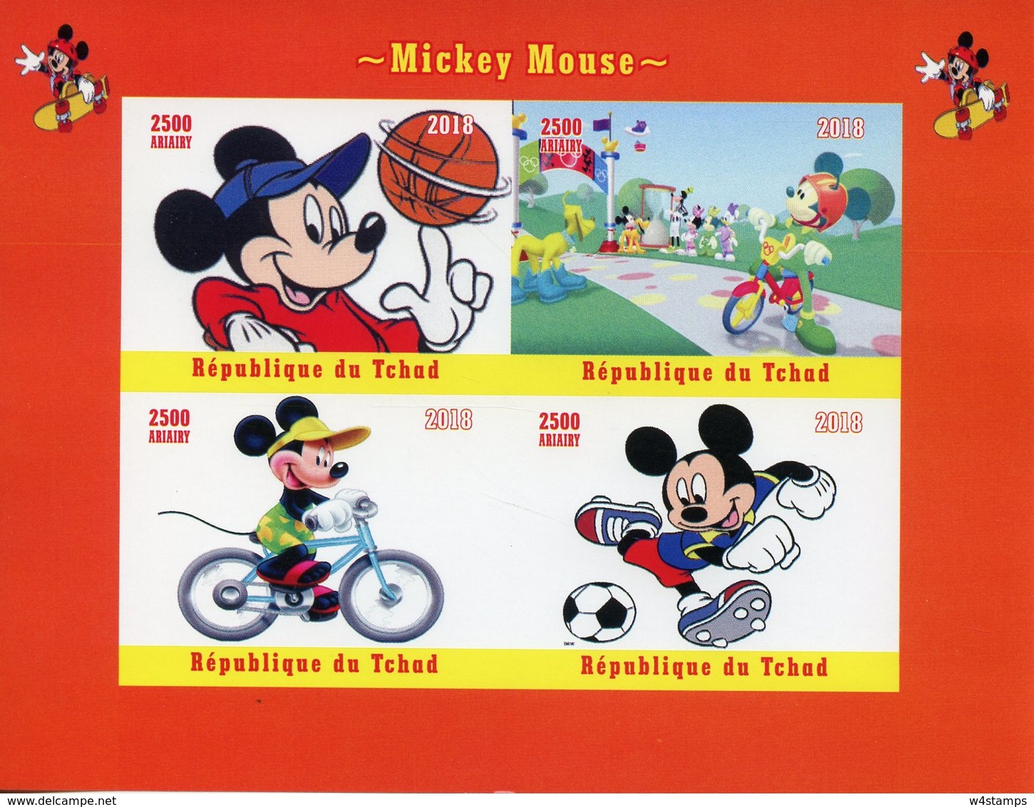 Chad 2018 MNH Mickey Mouse Basketball Football Bicycles Goofy 4v IMPF M/S Disney Cartoons Stamps - Disney