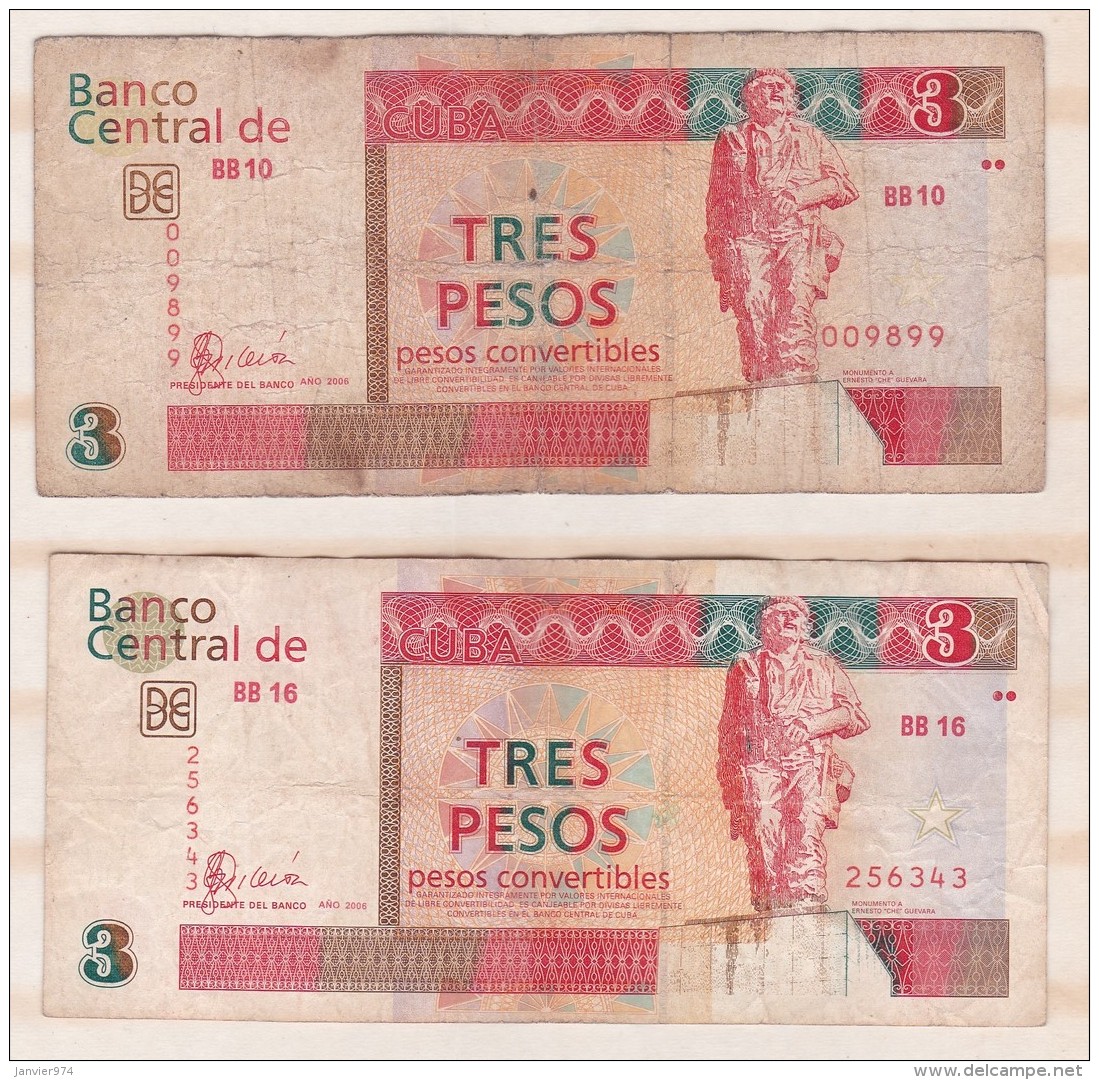 Lot De 2 Billets, 3 Pesos Convertibles 2006 , Alphabet BB10 Et BB16 , N : 009899 Et 256343 - Cuba