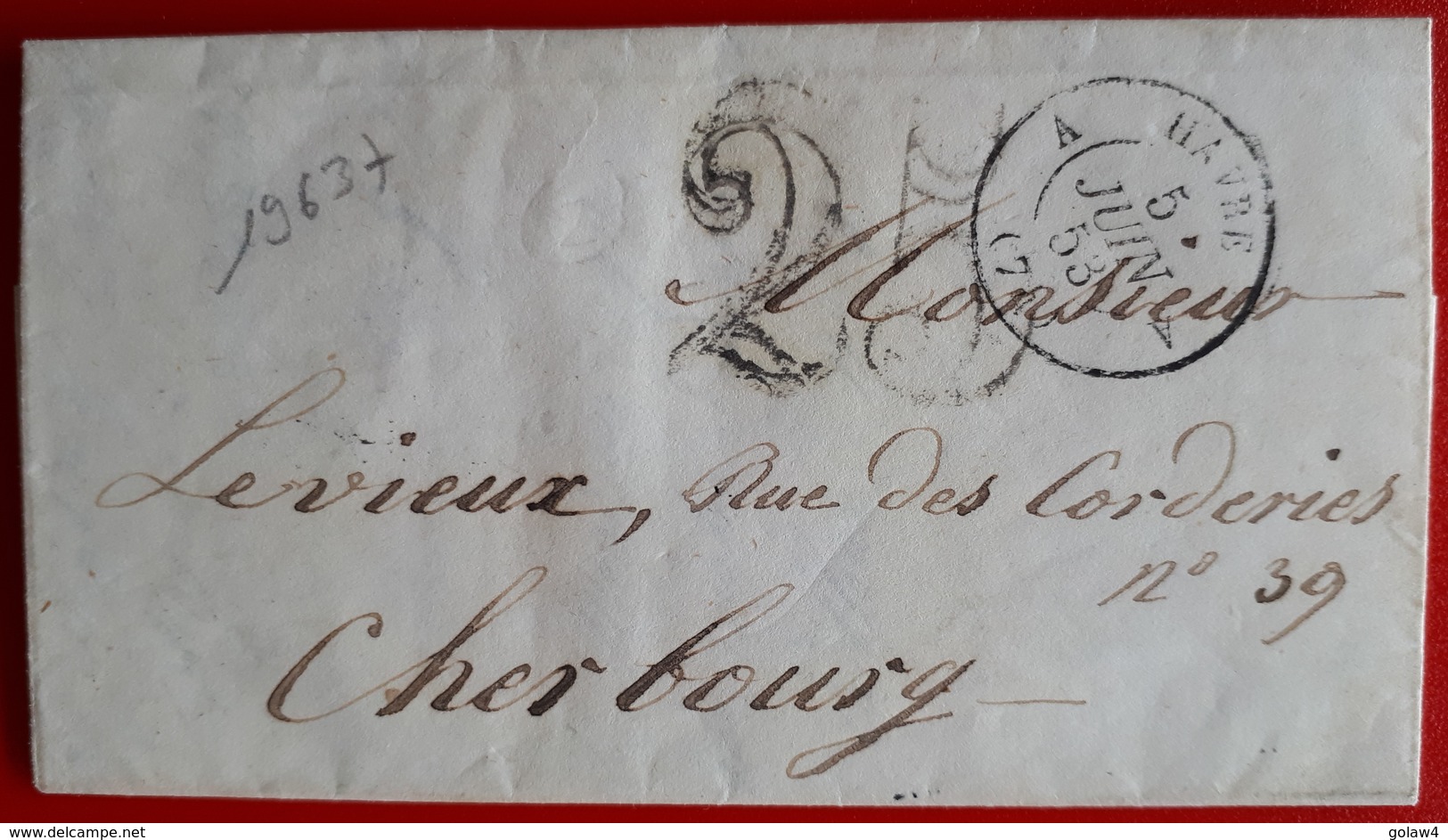 19637# SEINE MARITIME LETTRE TAXE DOUBLE TRAIT 25 CENTIMES Obl HAVRE A (74) A 1853 INGOUVILLE - 1849-1876: Période Classique