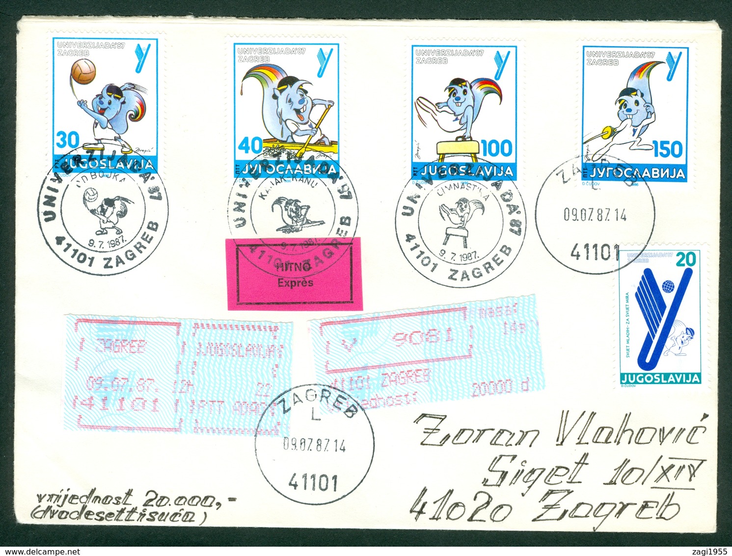 Yugoslavia 1987 Universiade Olympics Volleyball Rowing Gymnastics Swordplay Fence Canoe Kayak Squirrel Valuable Letter - Lettres & Documents