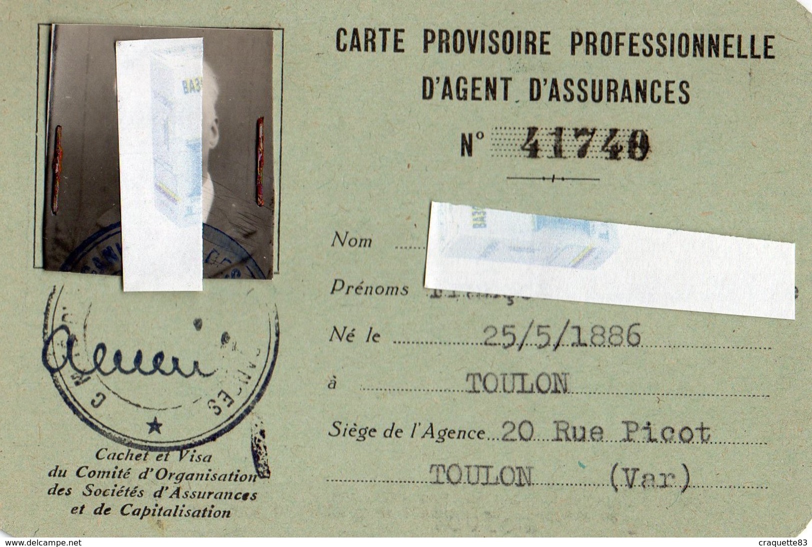 CARTE PROVISOIRE PROFESSIONNELLE D'AGENT D'ASSURANCES N°41748  TOULON  VAR - Other & Unclassified