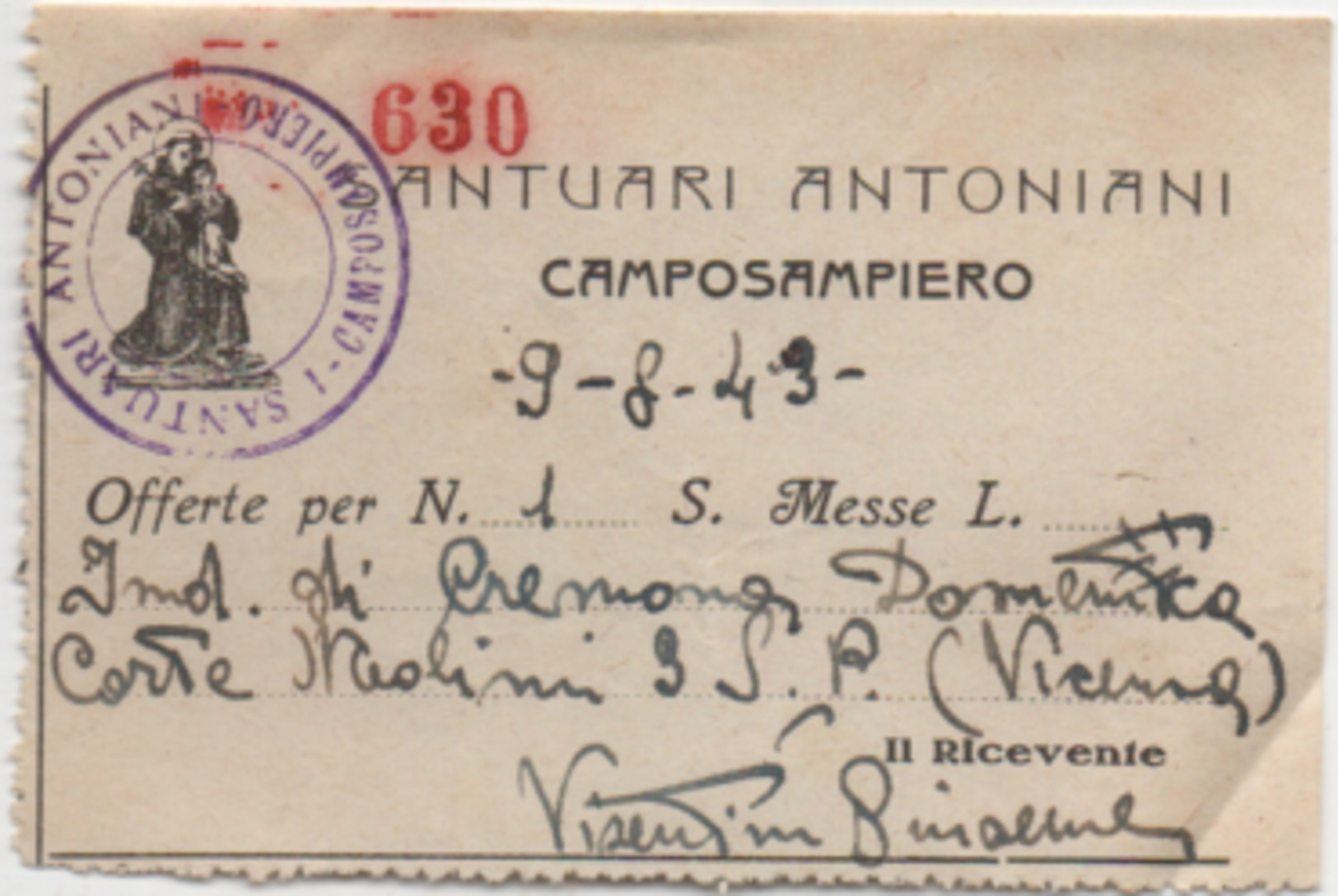 Ricevuta Di Offerta Del Santuario Antoniano Di Camposampiero (Padova), Anno 1949 - Santini