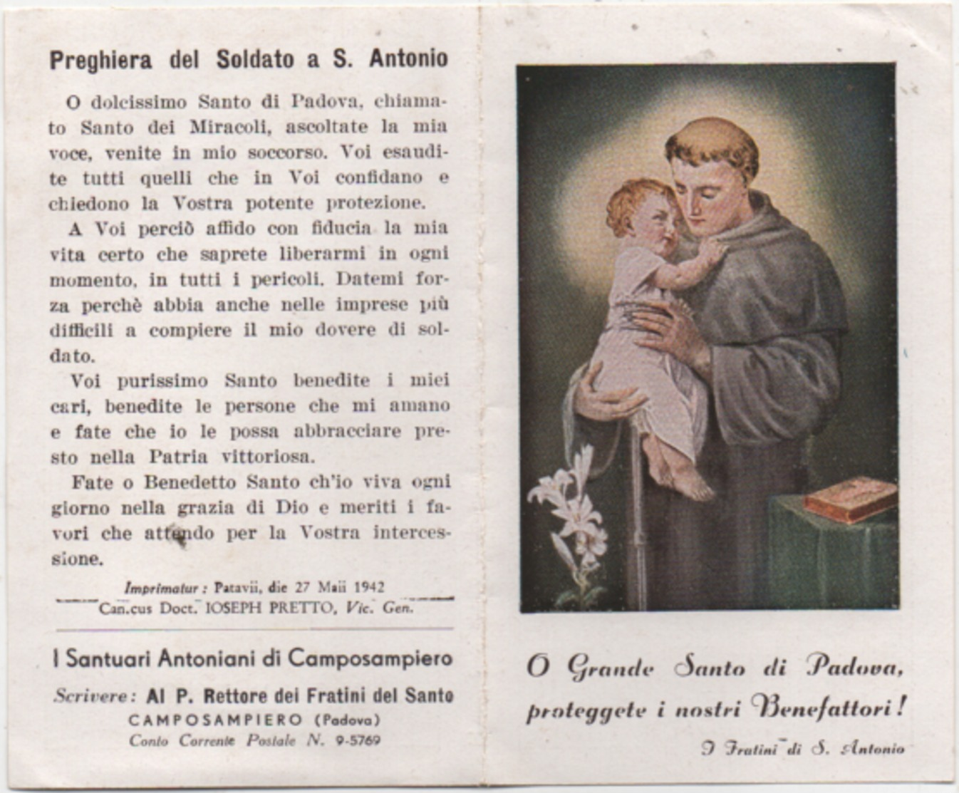 Santino Con Calendarietto 1943 Del Santuario Antoniano Di Camposampiero (Padova) - Santini