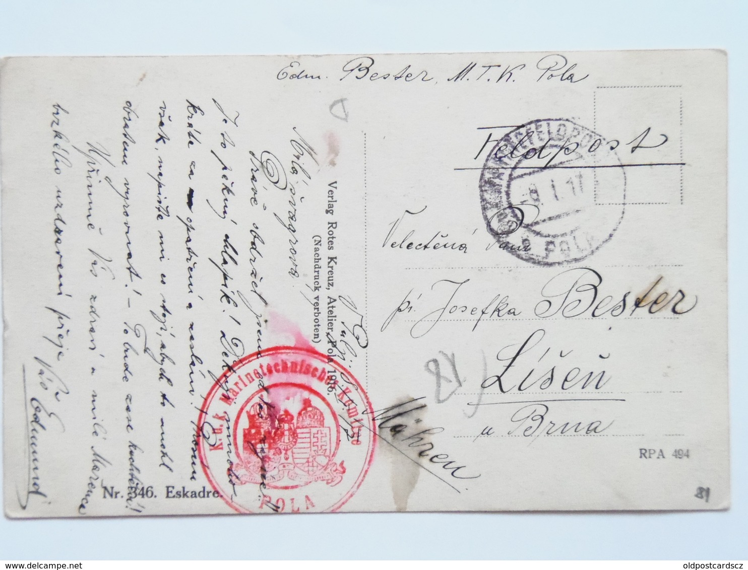 Austria WWI KuK Marine Navy Ship Schiff SMS Stamp Poststempel Pola Kriegsmarine Marinetechnisches Komitee 8.1.17. - Guerre