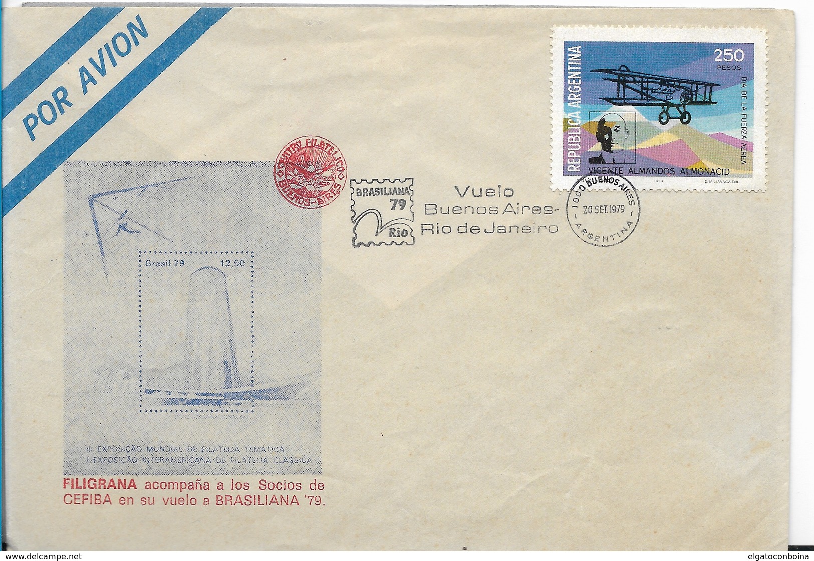 ARGENTINA 1979 COVER, BRASILIANA 79 FLIGHT BUENOS AIRES RIO DE JANEIRO PHILATELIC EXHIBITION AVIATION - FDC