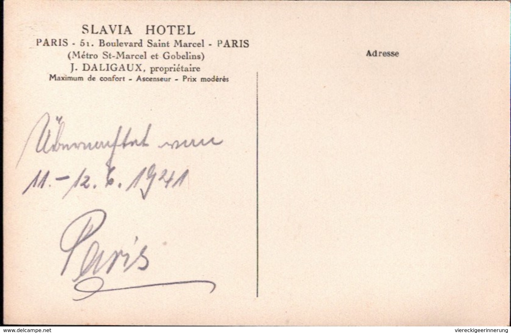 ! [75] Cpa Paris, Slavia Hotel, 51 Boulevard St. Marcel, 1941 - Cafés, Hôtels, Restaurants