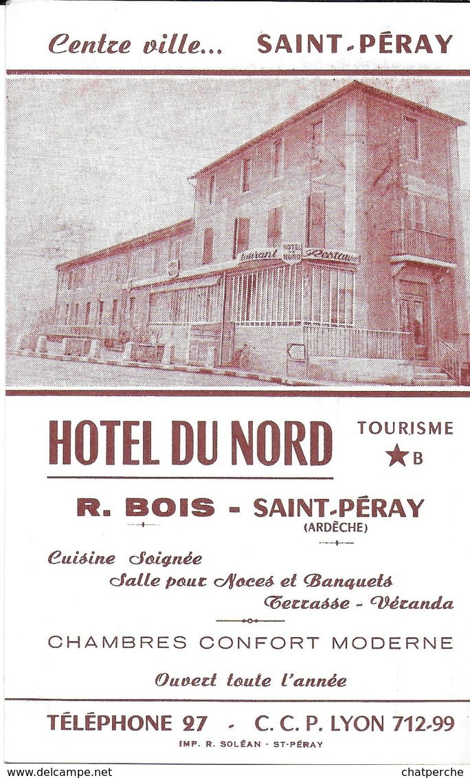 CDV CARTE DE VISITE FACTURE  "HOTEL DU NORD " CUISINE CHAMBRES R. BOIS SAINT-PERAY 07 ARDECHE NOT AU VERSO - Visiting Cards